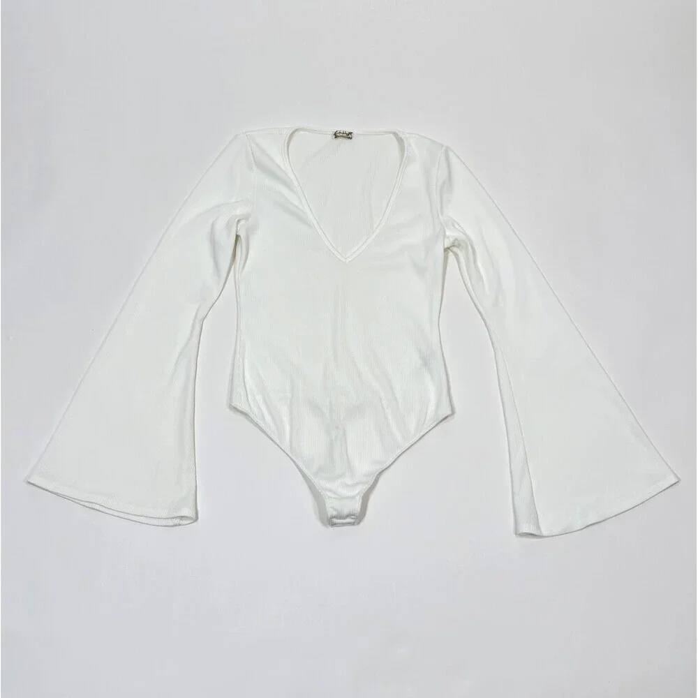 Free People Charli Bodysuit Bell Sleeve V Neck Ribbed White - Small